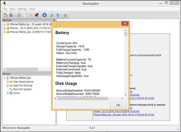 Проверка батареи на Windows через утилиту iBackupBot